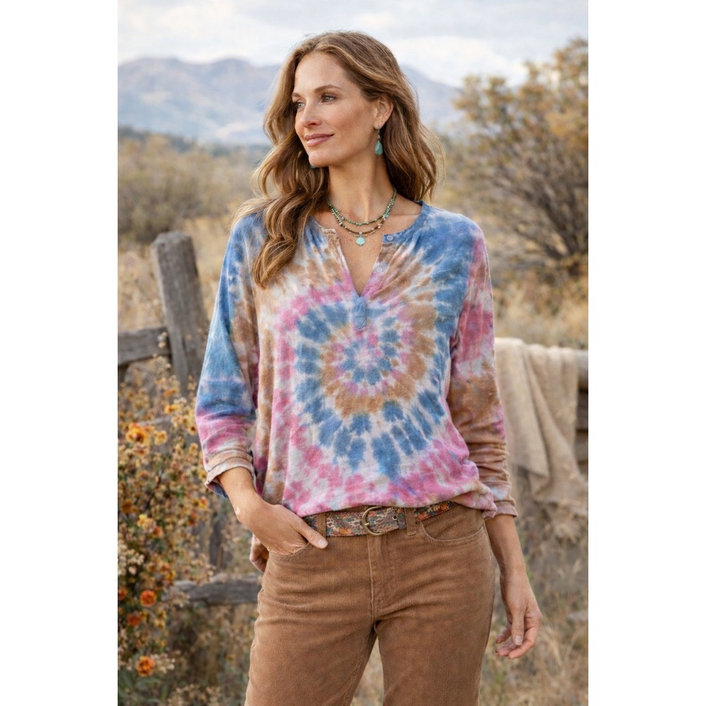 Suzy D London NWT 100% Linen Tie Dye‎ V Neck Top Pink Blue Tan- S/M
